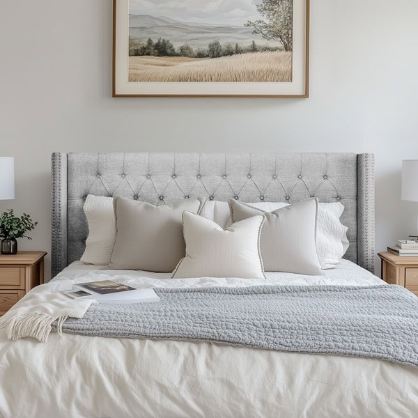 Madison Park Amelia Upholstered Wingback Headboard with Button Tufting & Nailhead Trim in Grey, King MP116-0358