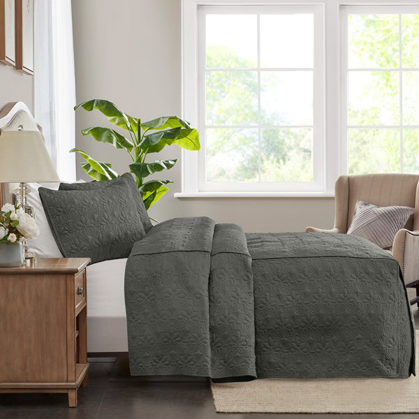 Madison Park Quebec 3 Piece Split Corner Pleated Quilted Bedspread in Dark Grey, Queen MP13-6474 - Image 2