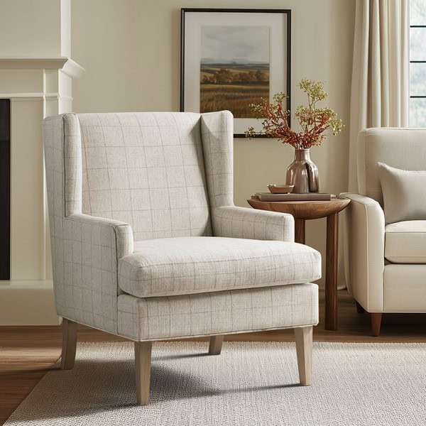 Martha Stewart Decker Plaid Wingback Armchair in Beige, One Size MT100-0001