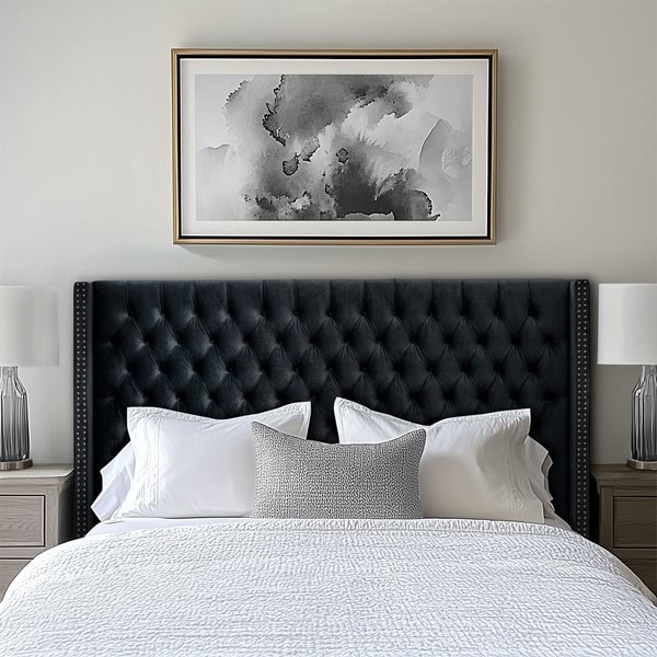 Madison Park Amelia Upholstered Wingback Headboard with Button Tufting & Nailhead Trim in Black Velvet, King MP116-1289