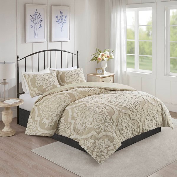 Madison Park Viola 3 Piece Tufted Cotton Chenille Damask Duvet Cover Set in Taupe, King/Cal King MP12-7105 - Image 3