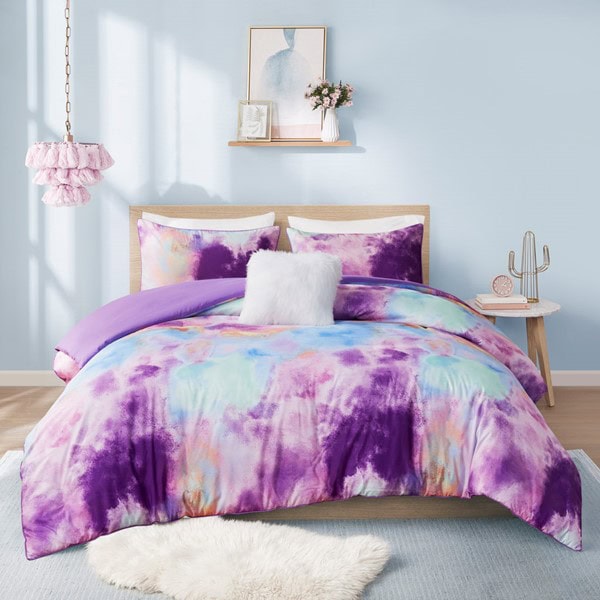 Intelligent Design Cassiopeia Watercolor Tie Dye Printed Duvet Cover Set with Throw Pillow in Lavender, Twin/Twin XL ID12-2258 - Image 4