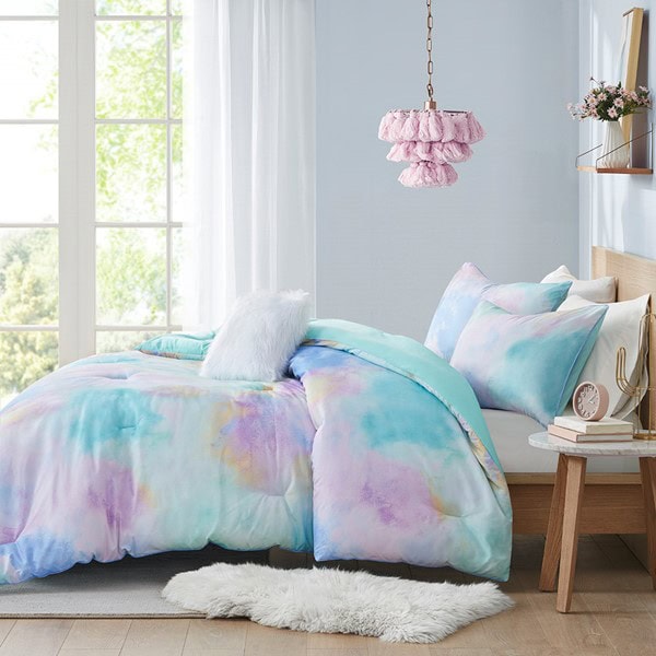 Intelligent Design Cassiopeia Watercolor Tie Dye Printed Comforter Set with Throw Pillow in Aqua, King/Cal King ID10-2261 - Image 2