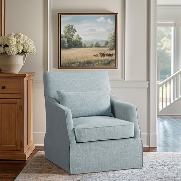 Martha Stewart London Upholstered Skirted Swivel Armchair with Lumbar Pillow in Light Blue, One Size MT103-0170 - Image 4