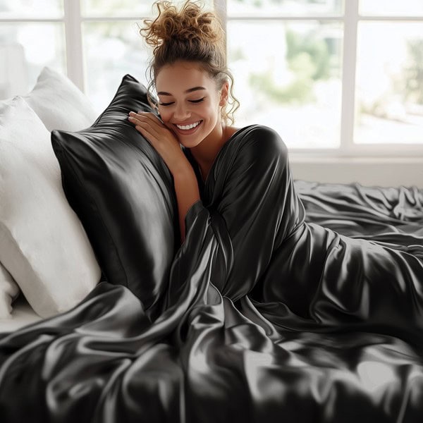 Madison Park Essentials Satin Luxury Sheet Set in Black, Split King MPE20-1110 - Image 2