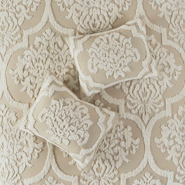 Madison Park Viola 3 Piece Tufted Cotton Chenille Damask Comforter Set in Taupe, Full/Queen MP10-7102 - Image 2
