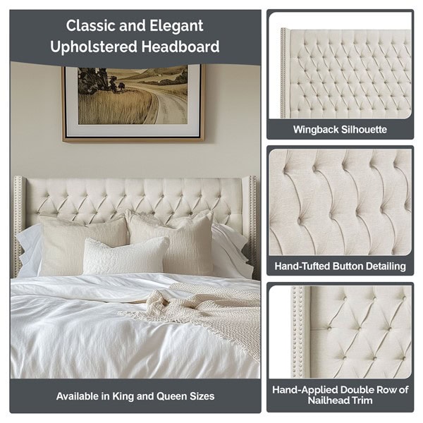Madison Park Amelia Upholstered Wingback Headboard with Button Tufting & Nailhead Trim in Cream, King MP116-0356 - Image 3