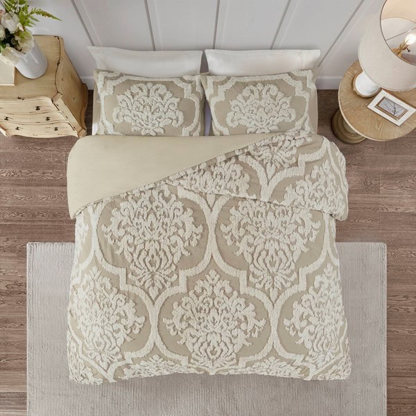 Madison Park Viola 3 Piece Tufted Cotton Chenille Damask Duvet Cover Set in Taupe, King/Cal King MP12-7105 - Image 5