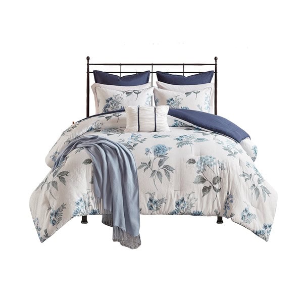 Madison Park Zennia 7 Piece Printed Seersucker Comforter Set with Throw Blanket in Blue, King/Cal King MP10-6304 - Image 5