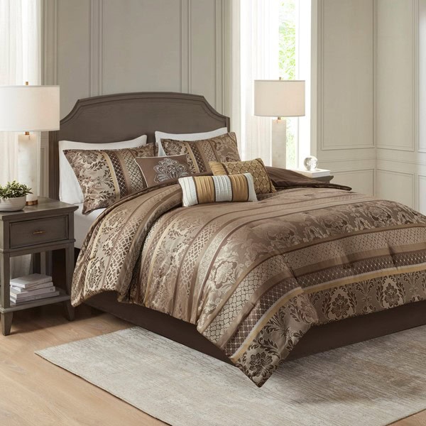 Madison Park Bellagio 7 Piece Jacquard Comforter Set in Brown/Gold, King MP10-4534 - Image 2