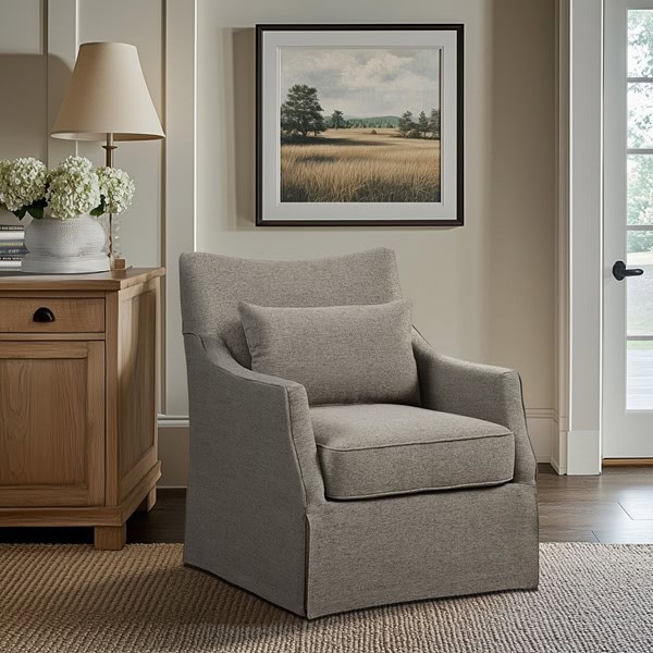 Martha Stewart London Upholstered Skirted Swivel Armchair with Lumbar Pillow in Tan Multi, One Size MT103-1198