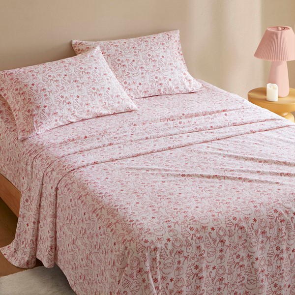 Intelligent Design Cozy Soft Cotton Flannel Printed Sheet Set in Holiday Doodles, Twin XL ID20-2509 - Image 2