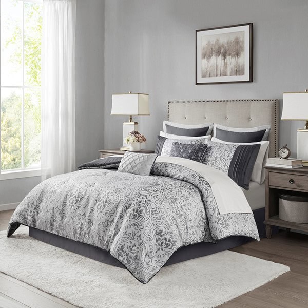 Madison Park Emilia 12 Piece Jacquard Comforter Set with Bed Sheets in Silver, Cal King MP10-8439
