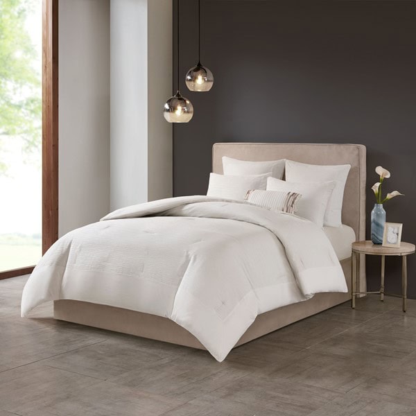 N Natori Hanae Cotton Blend Yarn Dyed 3 Piece Comforter Set in White, Full/Queen NS10-3243