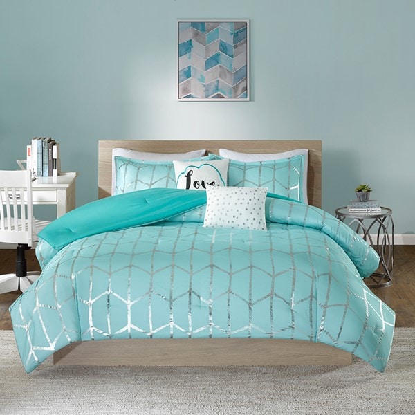 Intelligent Design Raina Metallic Printed Comforter Set in Aqua/Silver, Full/Queen ID10-1241 - Image 5