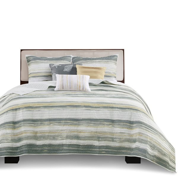 Madison Park Marina 6 Piece Printed Quilt Set with Throw Pillows in Yellow, Full/Queen MP13-7944 - Image 2