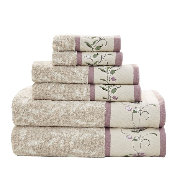 Madison Park Serene Embroidered Cotton Jacquard 6 Piece Towel Set in Purple, 6-Piece MP73-7906 - Image 4