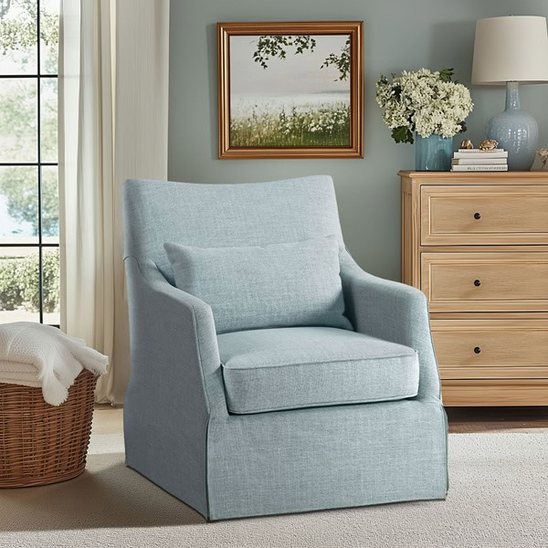 Martha Stewart London Upholstered Skirted Swivel Armchair with Lumbar Pillow in Light Blue, One Size MT103-0170