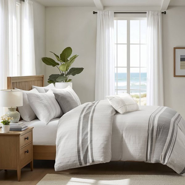 Harbor House Blue Morgan 5 Piece Cotton Jaquard Duvet Set in White/Grey, Full/Queen HH12-1828 - Image 4