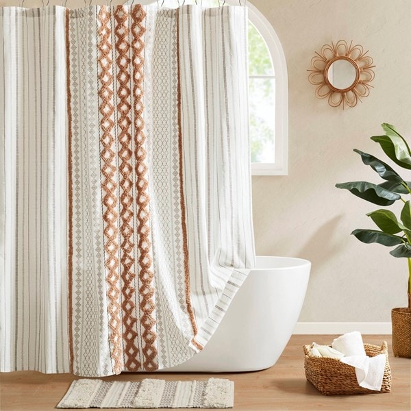 INK+IVY Imani Cotton Printed Shower Curtain with Chenille in Rose Clay, 72x84" II70-1325