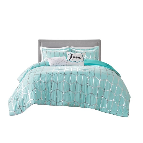 Intelligent Design Raina Metallic Printed Comforter Set in Aqua/Silver, Full/Queen ID10-1241 - Image 4