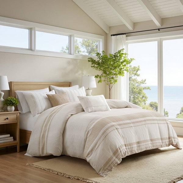 Harbor House Blue Morgan 5 Piece Cotton Jaquard Duvet Set in Ivory/Taupe, Full/Queen HH12-1991