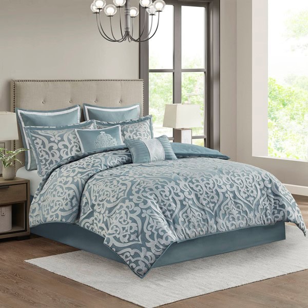 Madison Park Odette 8 Piece Jacquard Comforter Set in Aqua/Silver, King MP10-8080 - Image 3