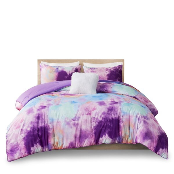 Intelligent Design Cassiopeia Watercolor Tie Dye Printed Comforter Set with Throw Pillow in Lavender, King/Cal King ID10-2257 - Image 3