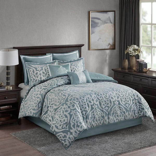 Madison Park Odette 8 Piece Jacquard Comforter Set in Aqua/Silver, King MP10-8080 - Image 4