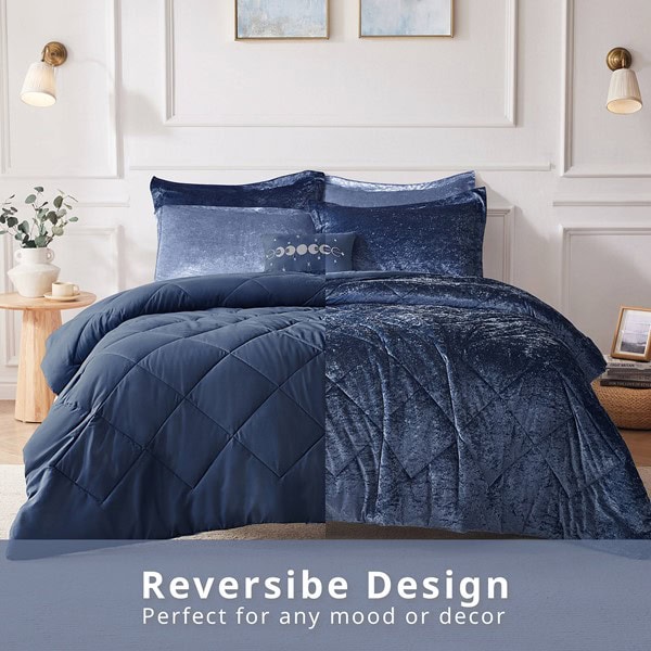 Intelligent Design Felicia Velvet Comforter Set with Throw Pillow in Navy, Full/Queen ID10-1661 - Image 4