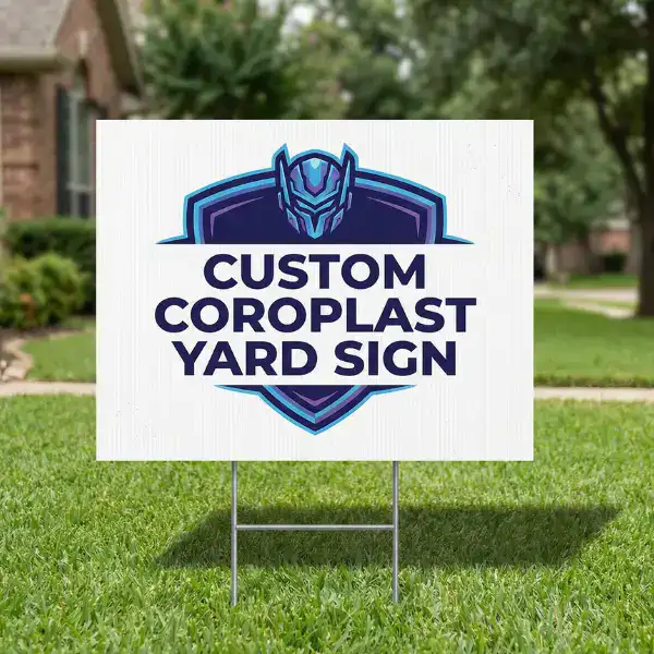 Durable 4mm white Coroplast yard sign featuring a custom blue and purple shield logo, mounted on a metal H-stake in a Phoenix metro area residential lawn.