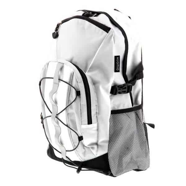 Sivulta kuvattuna valkoinen Heijastava Reppu jonka tilavuus on 15 litraa.