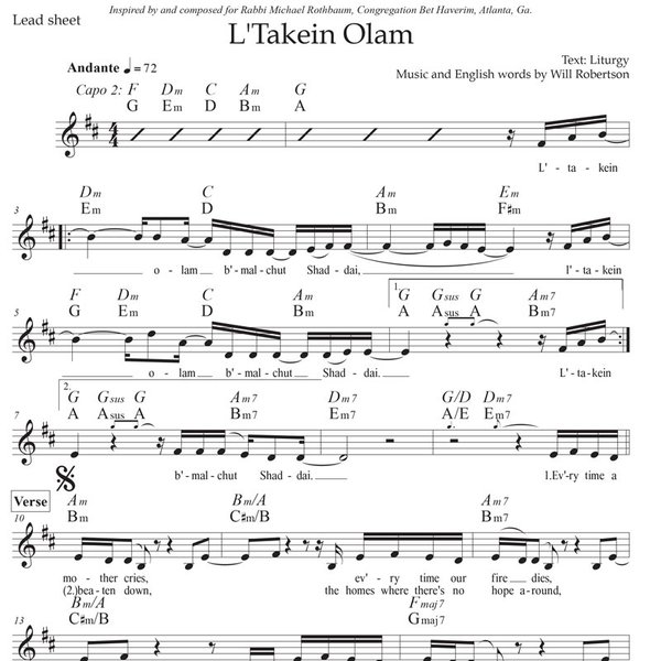 L'Takein Olam (Will Robertson) - Lead Sheet