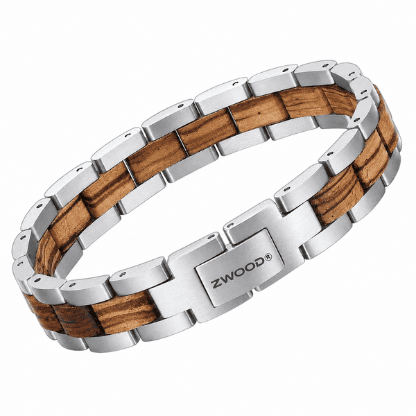 Bracelet homme Zwood® en bois de zebrano naturel et acier inoxydable argenté