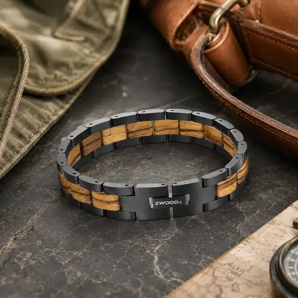 Bracelet Zwood® en bois de zebrano et acier noir présenté avec sac en cuir dans une ambiance voyage