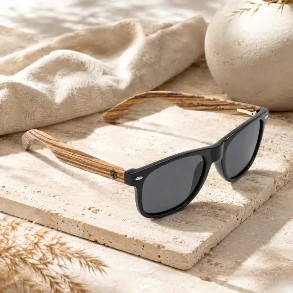 Lunettes de soleil Zwood® homme et femme à monture noire et branches en zébrano posées sur une pierre claire