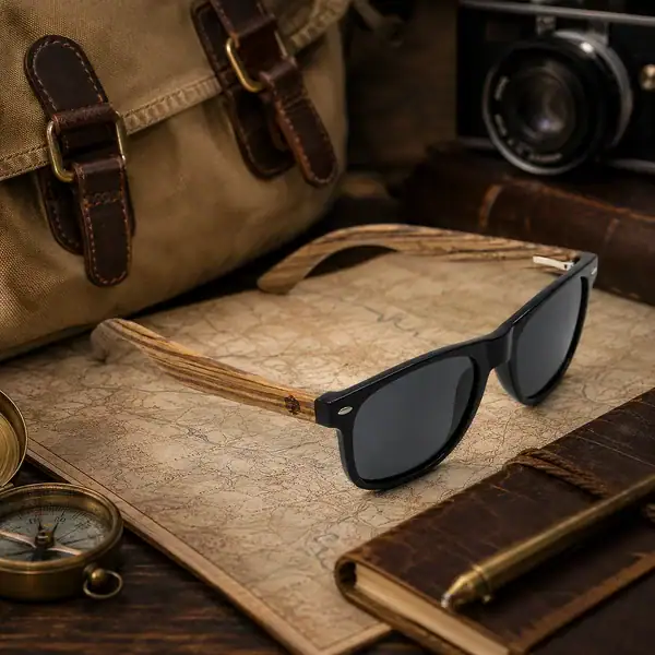 Lunettes de soleil Zwood® homme et femme en zébrano avec carte, cuir, boussole et accessoires de voyage