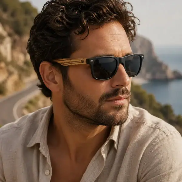 Homme portant des lunettes de soleil Zwood® en polycarbonate noir avec branches en zébrano au bord de mer