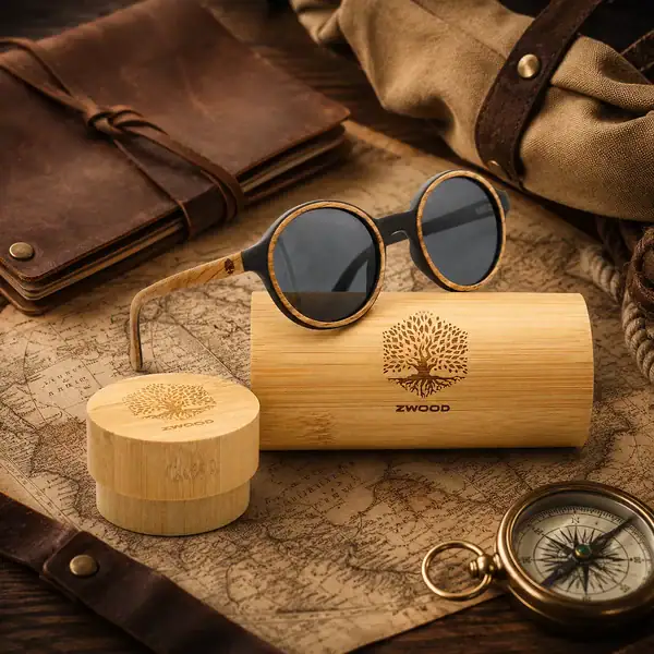 Lunettes de soleil rondes Zwood® en bois clair avec carte, cuir, boussole et accessoires de voyage