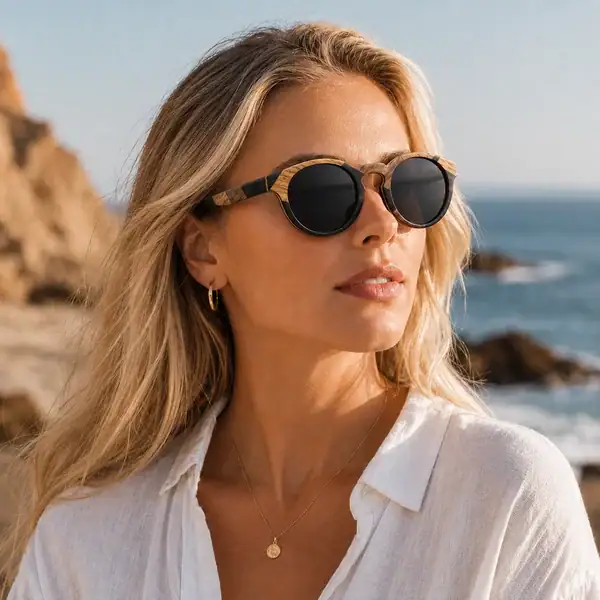 Femme blonde portant des lunettes de soleil Zwood® à monture arrondie en différentes essences de bois