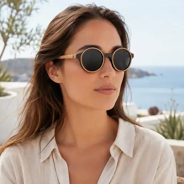 Femme portant des lunettes de soleil rondes Zwood® en bois clair et monture noire au bord de mer