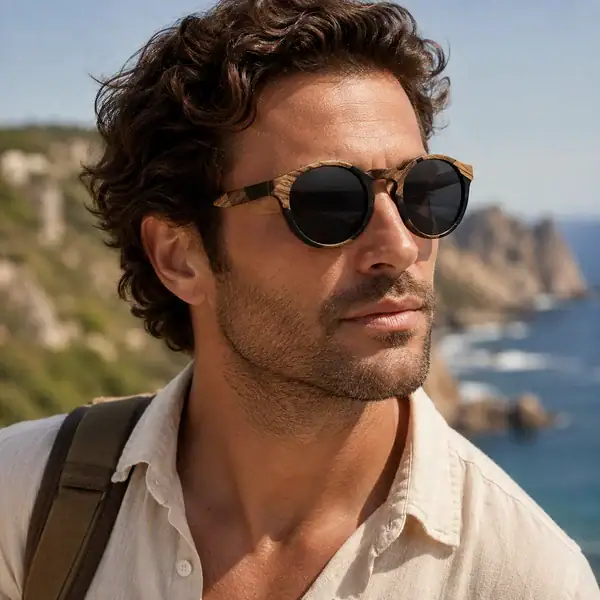 Homme portant des lunettes de soleil Zwood® à monture arrondie en plusieurs essences de bois au bord de mer