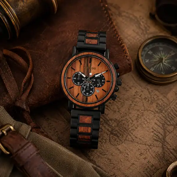 Montre Zwood® en bois de palissandre et acier inoxydable avec carte, cuir et boussole