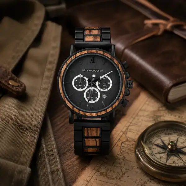 Montre homme Zwood® en bois naturel et métal noir avec carte, cuir, toile kaki et boussole