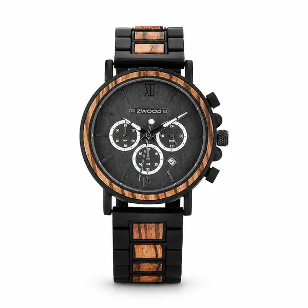 Montre homme Zwood® noire avec bracelet et lunette ornés d’inserts en bois naturel