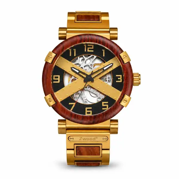 Montre automatique squelette Cygnus Zwood® en bois de palissandre et acier inoxydable doré sur fond blanc