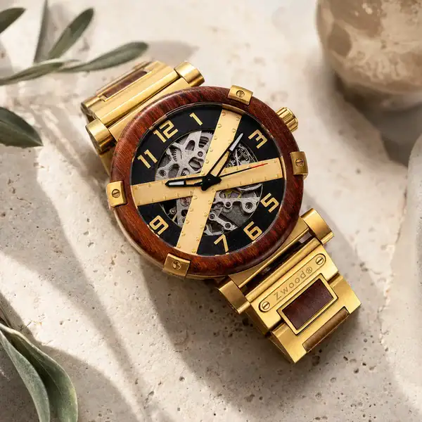Montre automatique squelette Cygnus Zwood® en palissandre et acier doré dans une ambiance naturelle beige