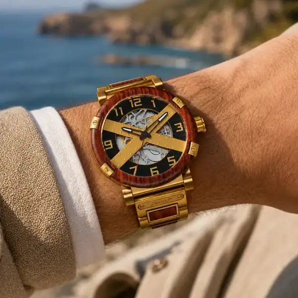 Montre automatique Cygnus Palissandre doré Zwood® portée au poignet par un homme face à la mer