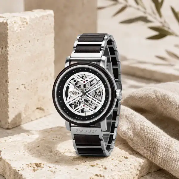Montre automatique Zwood® PHOENIX Noir en acier inoxydable et bois d’ébène dans une ambiance naturelle lumineuse