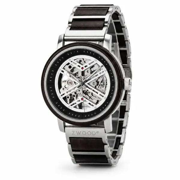 Montre automatique squelette Zwood® PHOENIX Noir en acier inoxydable et bois d’ébène sur fond clair